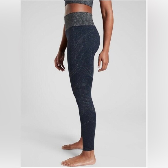 Athleta Twilight Tight Navy Sparkly Silver Metallic High Waisted Leggings Size L - Picture 2 of 15